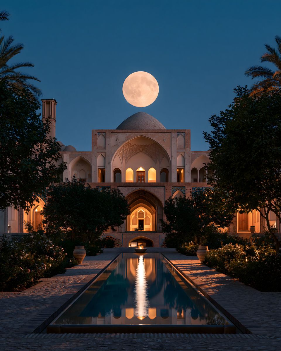 A Persian garden pavilion at night: a full moon above the dome, lamplight in the arches, and a long pool reflecting it all.