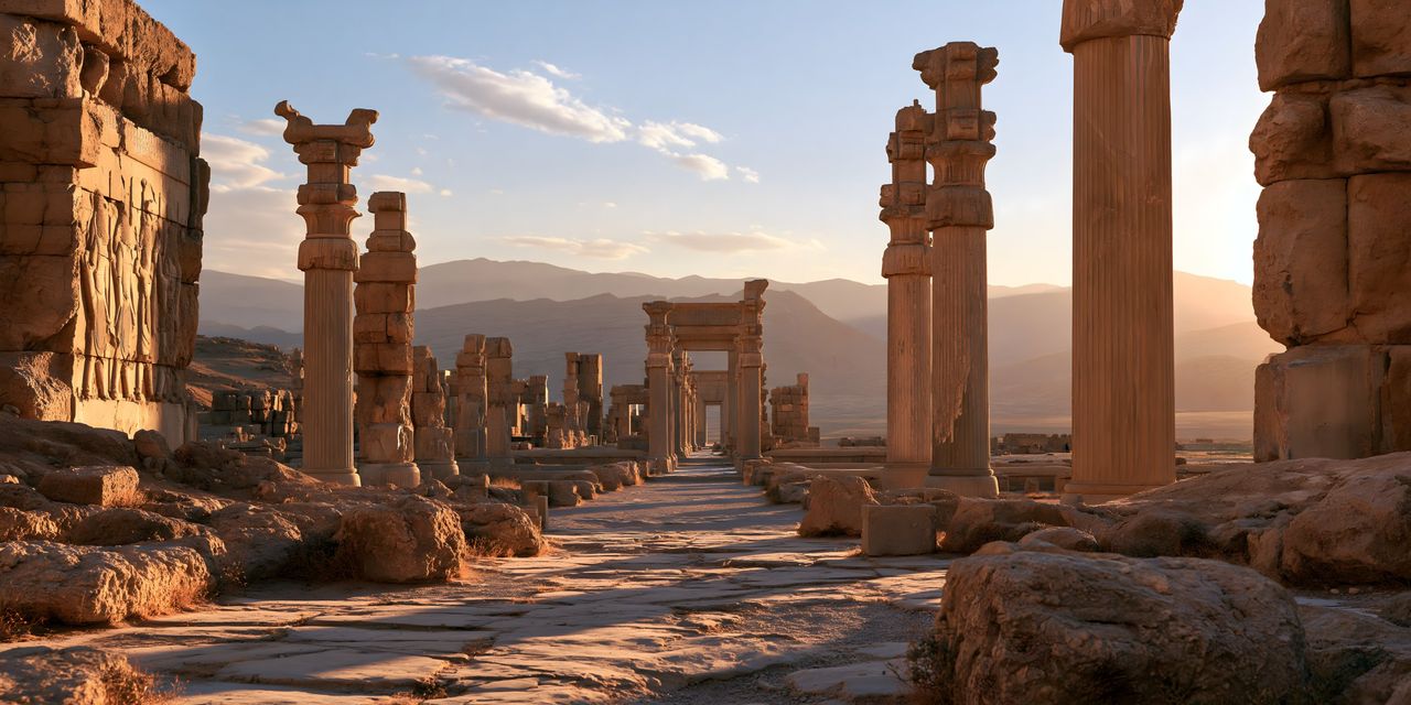 The columns and stone gateways of Persepolis at sunset, with mountains beyond.