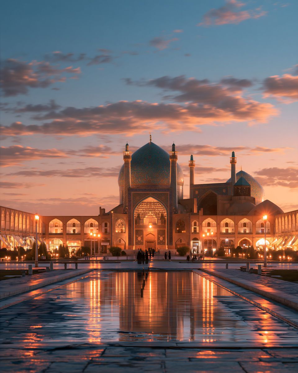 The tiled dome and arcades of Naqsh-e Jahan Square at dusk, mirrored in the long pool.