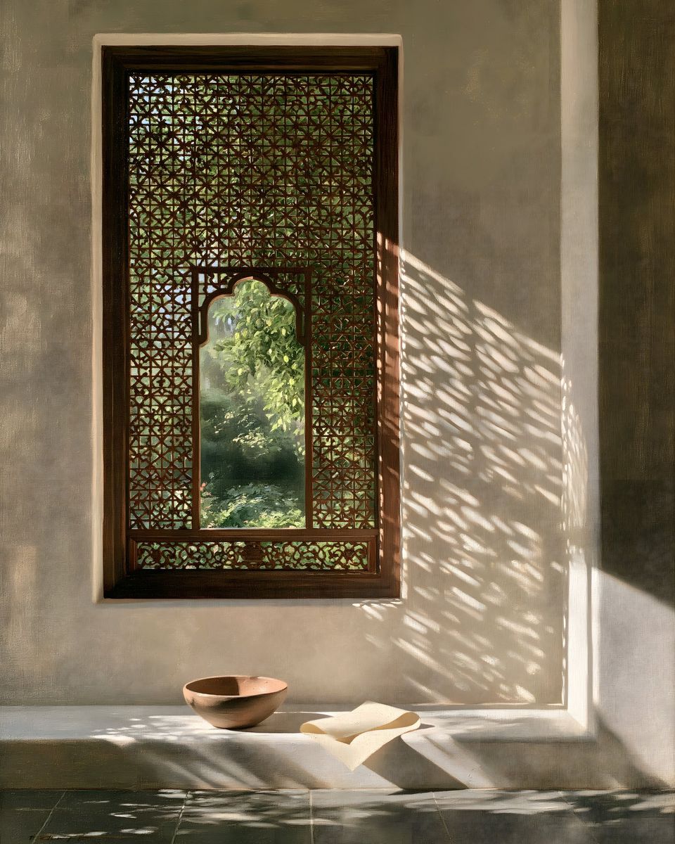 A carved wooden lattice window opening on a green garden; its shadow falls across a white wall above a clay bowl and a sheet of paper.